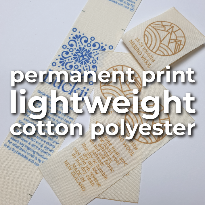 LPC - Lightweight cotton/polyester blend (permanent print) / 29mm wide material (only width available in this material) / a) SHORT - Labels use between 0 to 44mm of material per label