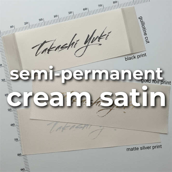 CS - Cream satin (semi-permanent print) / 30mm (only width available) / a) SHORT - Labels use between 0 to 44mm of material per label